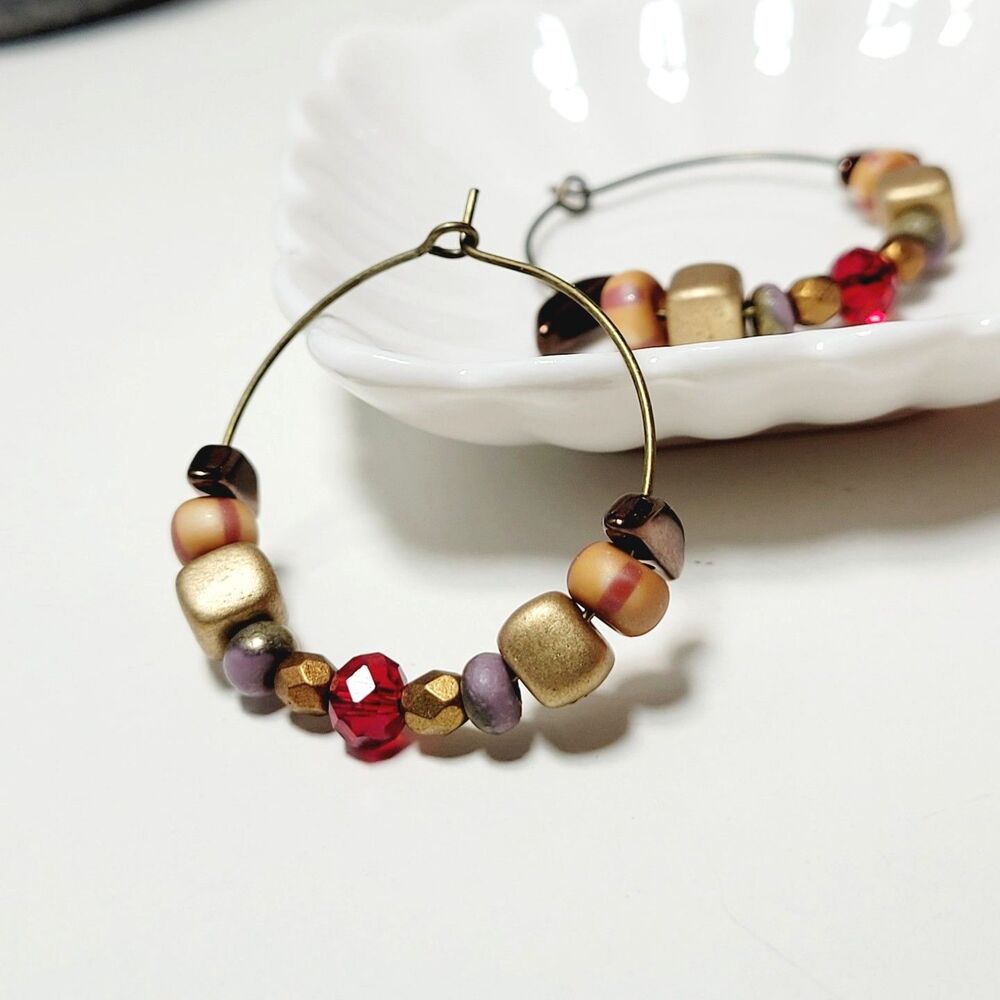 Red Crystal Antique Bronze Hoops Hidden Meaning earrings Pop of Color 672■